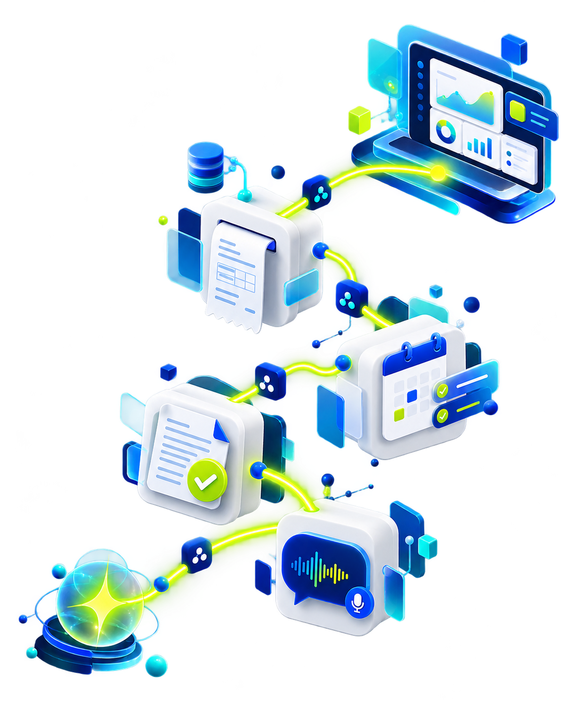 Módulos digitais conectados por uma linha luminosa, representando soluções fiscais, emissão, agenda, assistência e produto digital